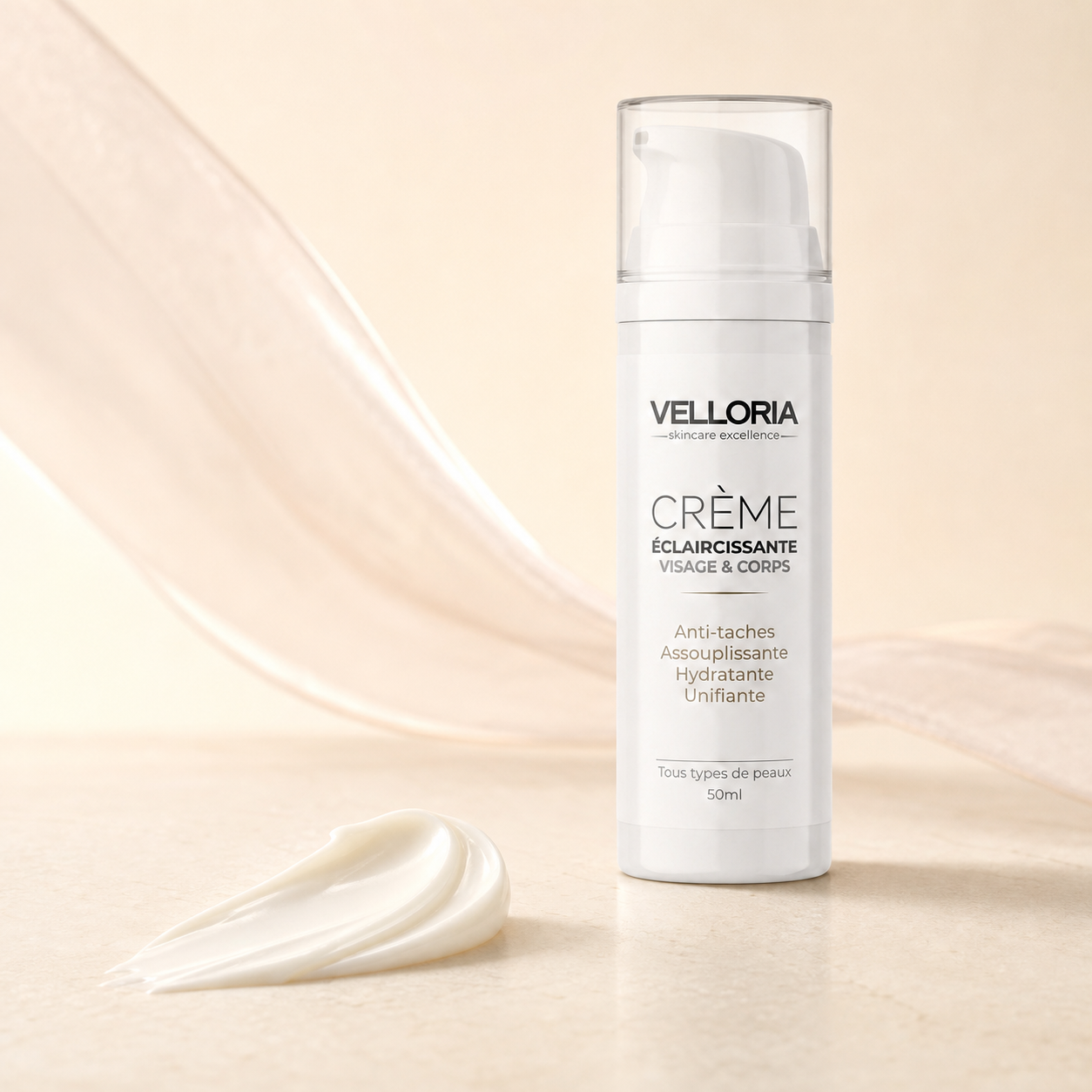 Crème Éclaircissante VELLORIA — parfum Idôle et texture