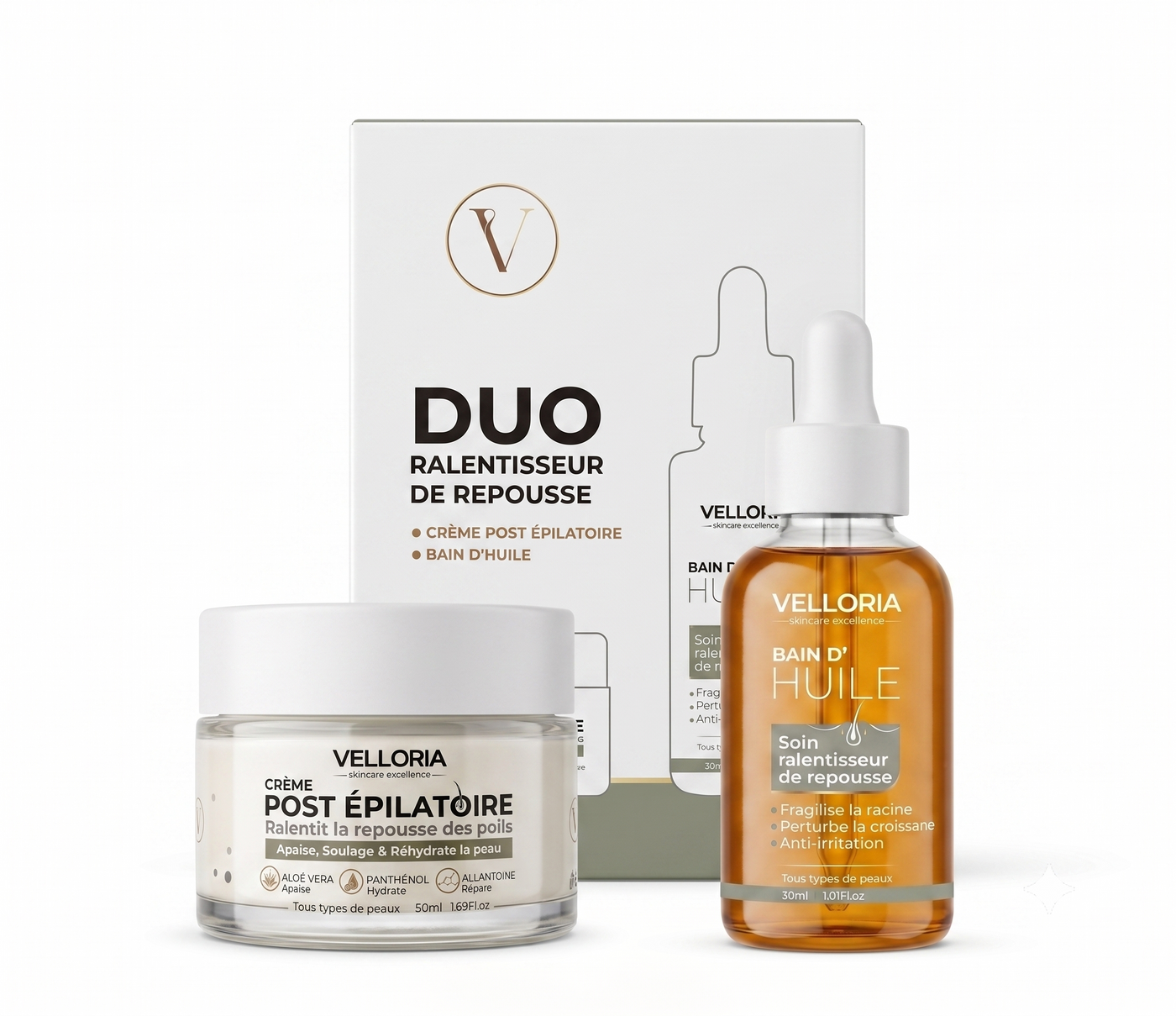Coffret DUO VELLORIA avec Crème Post Épilatoire et Bain d’Huile