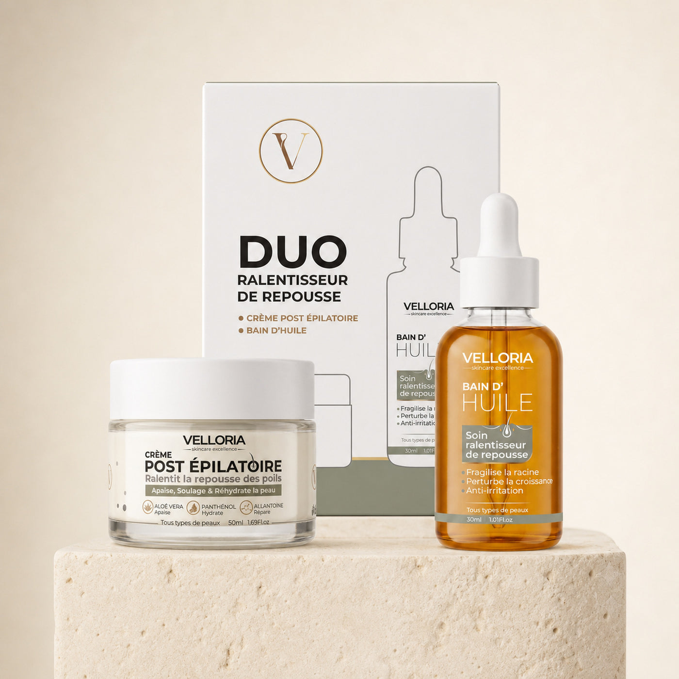 DUO VELLORIA Ralentisseur de Repousse — coffret, crème et bain d’huile