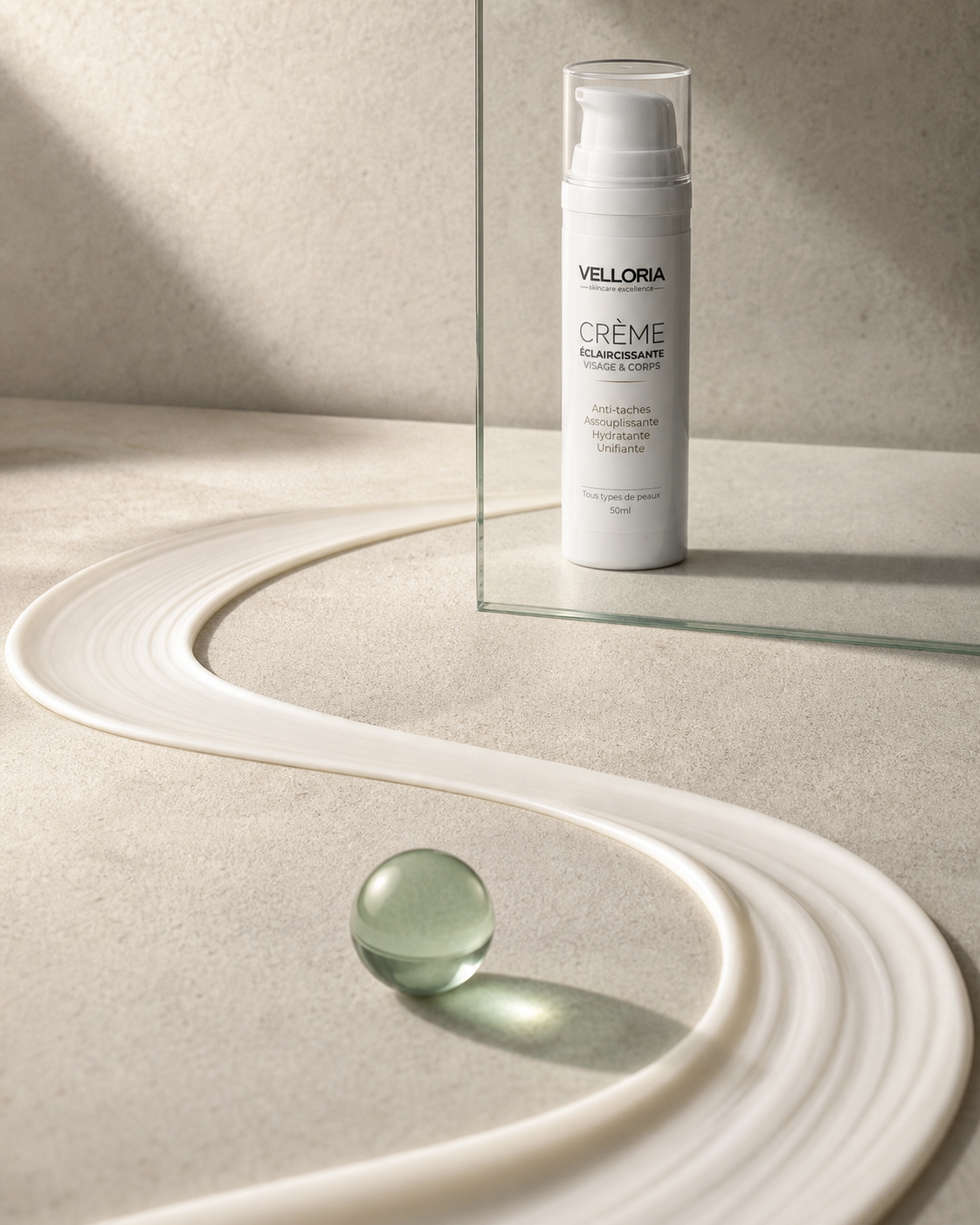 Ruban sculptural de crème avec le flacon airless VELLORIA