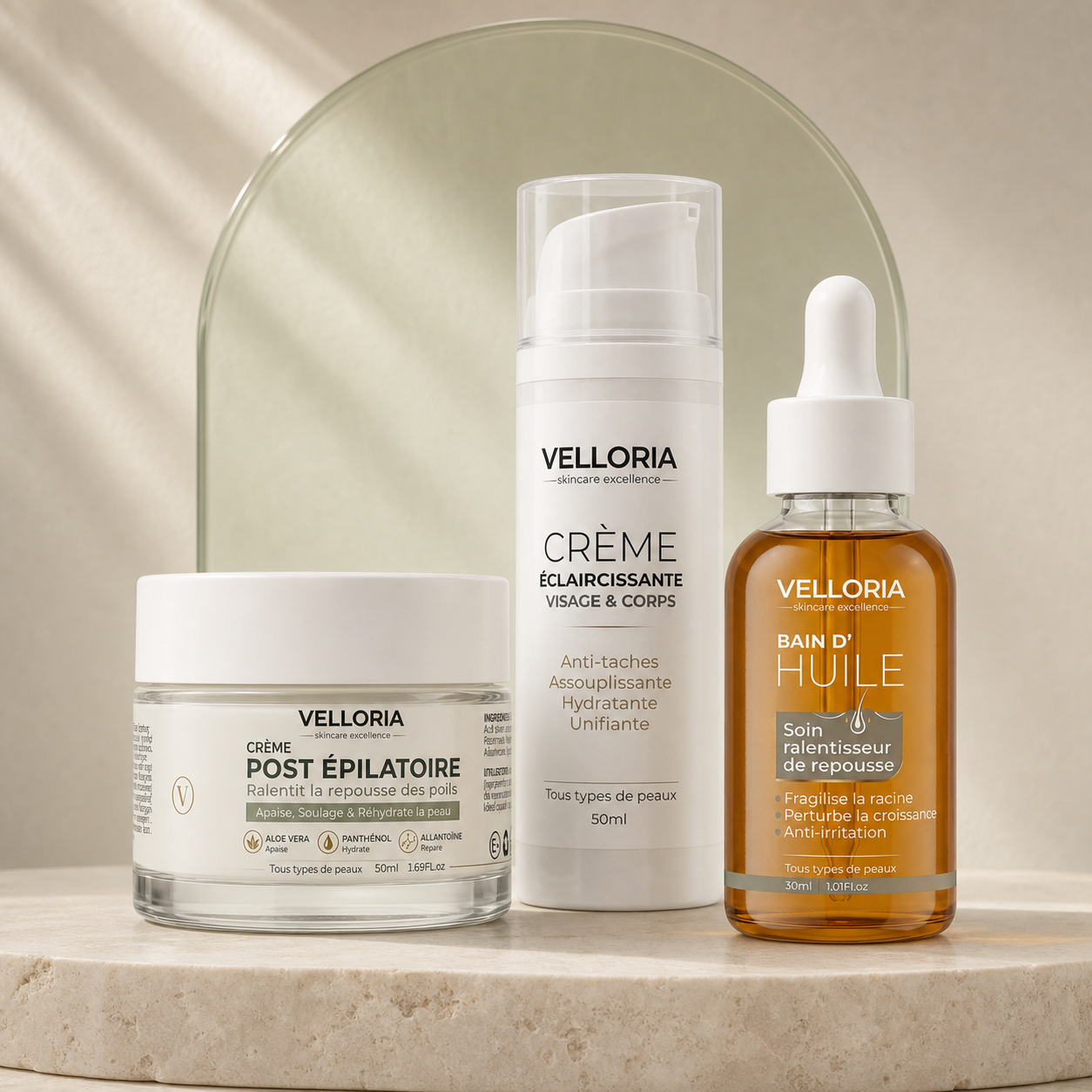 Pack de lancement VELLORIA avec Crème Post Épilatoire, Bain d’Huile et Crème Éclaircissante