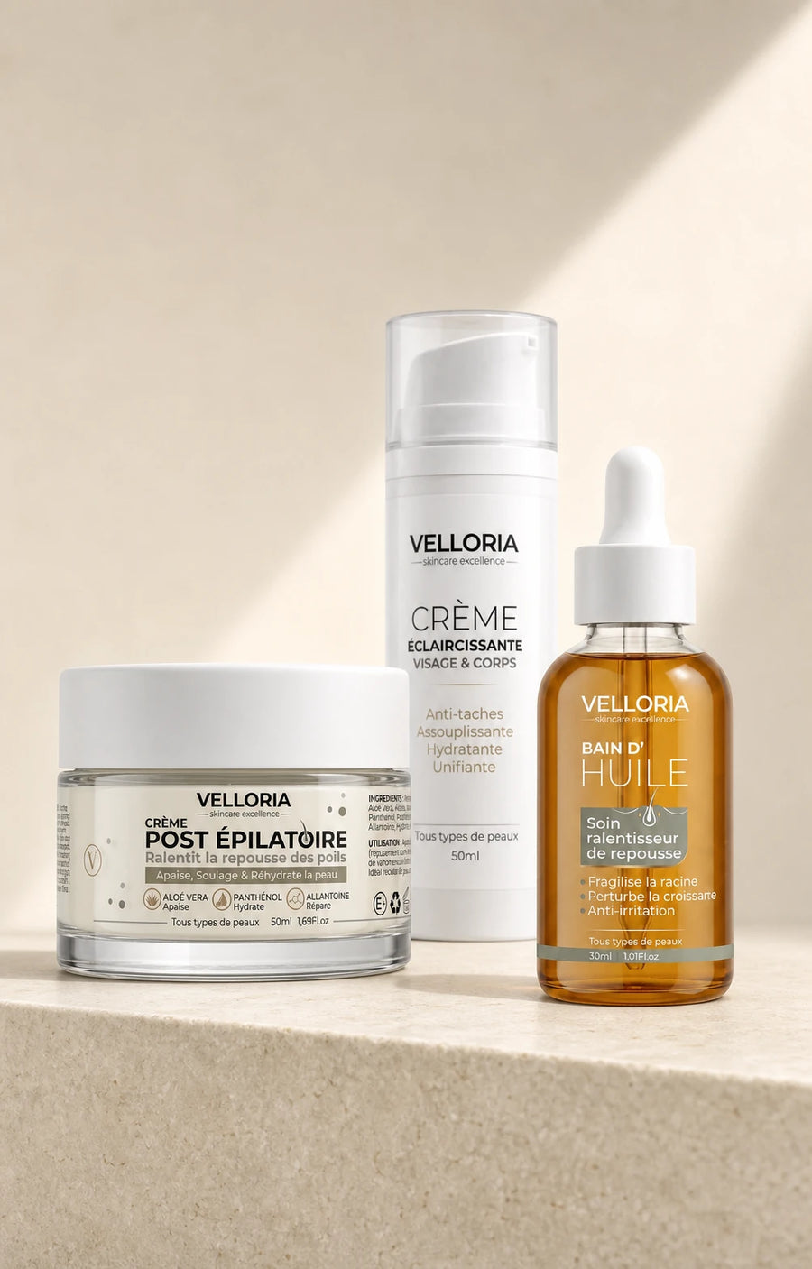 Routine complète VELLORIA : Crème Post Épilatoire, Bain d’Huile et Crème Éclaircissante
