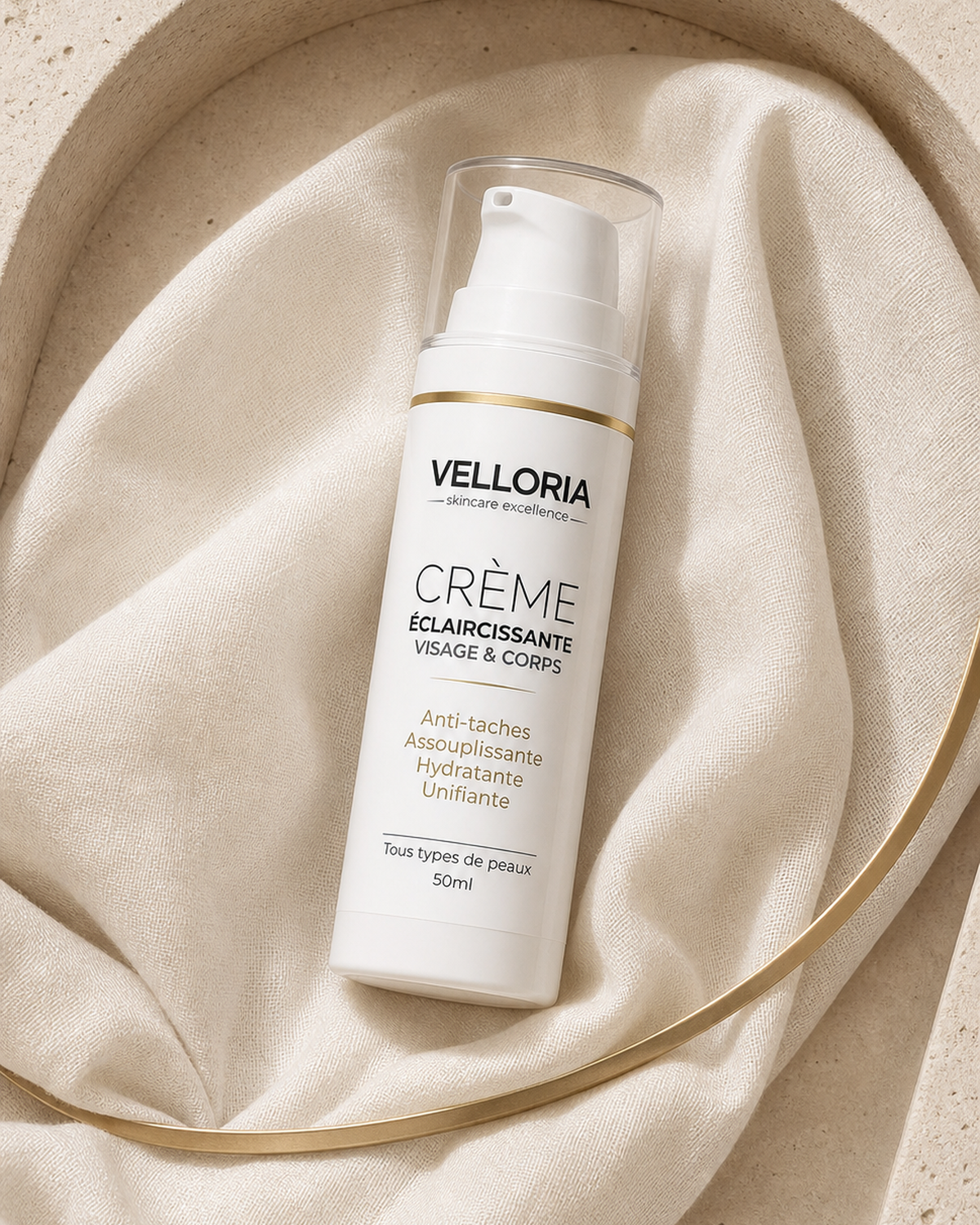 Flacon Crème Éclaircissante VELLORIA présenté comme un objet raffiné