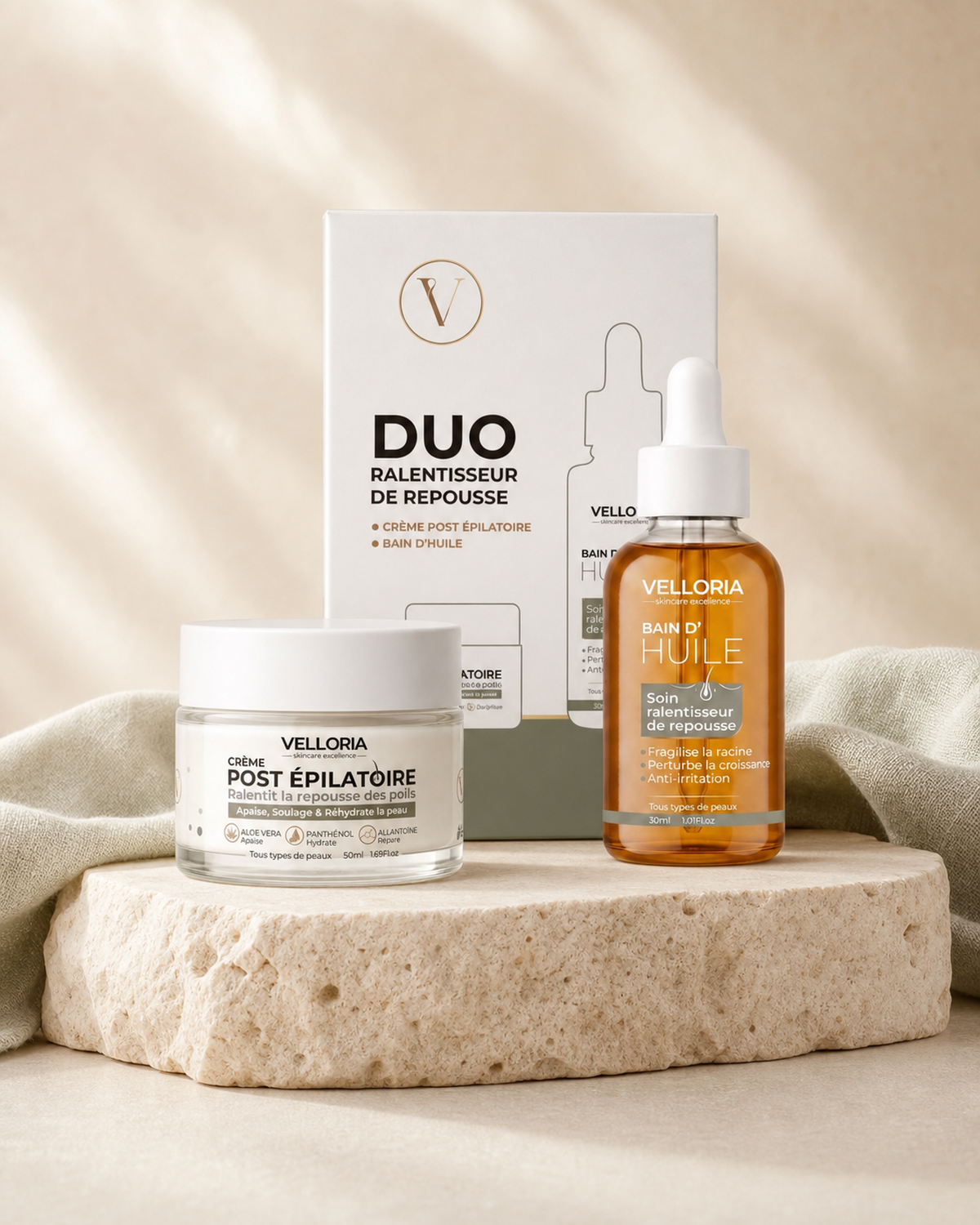 Le DUO VELLORIA Hair Control avec coffret, crème et bain d’huile