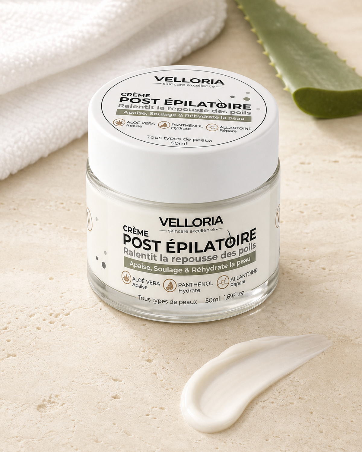 Crème Post Épilatoire VELLORIA, aloe vera et texture apaisante