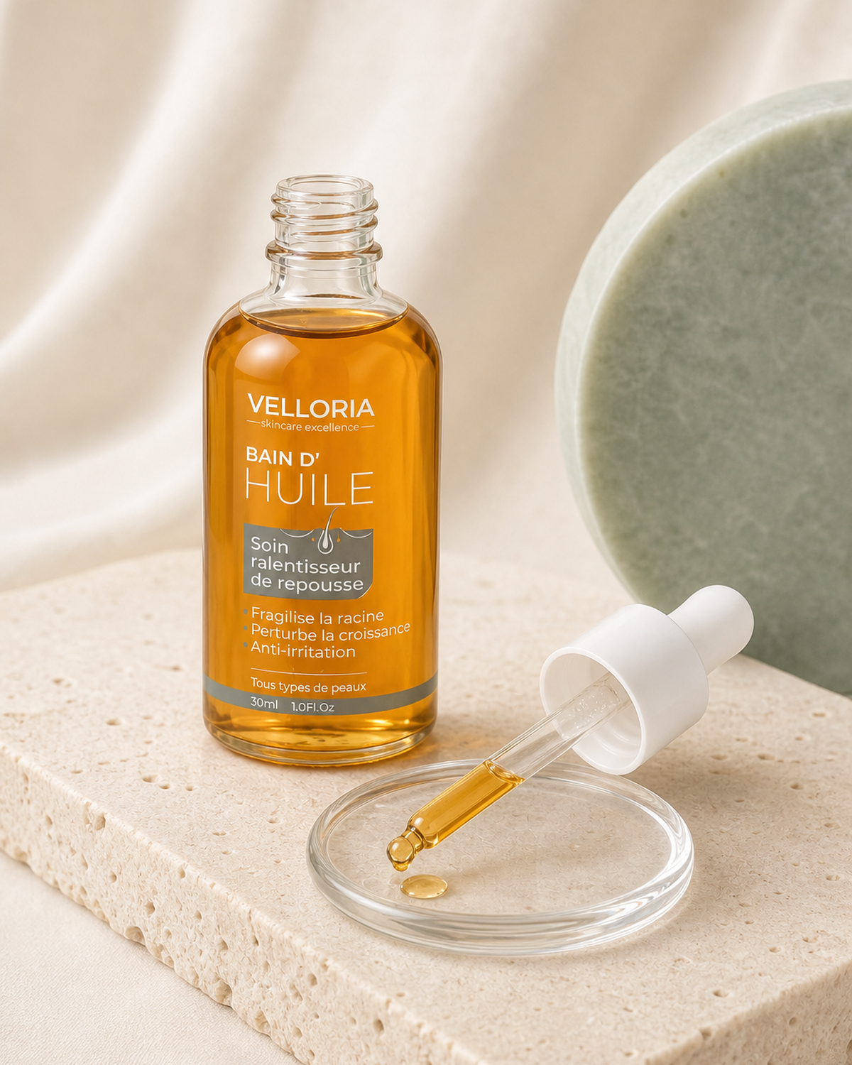 Bain d’Huile VELLORIA et pipette pour une application ciblée entre les séances