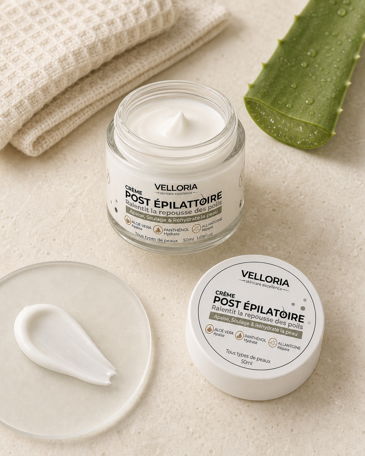 Crème Post Épilatoire VELLORIA avec aloe vera et texture apaisante